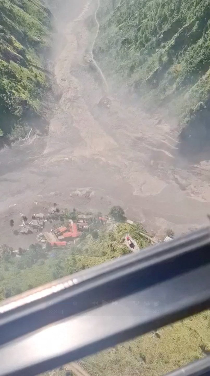 Helicopter footage shows flash flooding in Nepal's valleys of Rasuwa