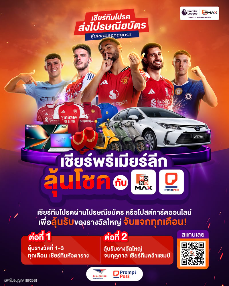Main_ไปรษณีย์ไทย จับมือ JAS และ MONOMAX ชวนแฟนลูกหนังทั่วไทย “เชียร์พรีเมียร์ลีกลุ้นโชค”