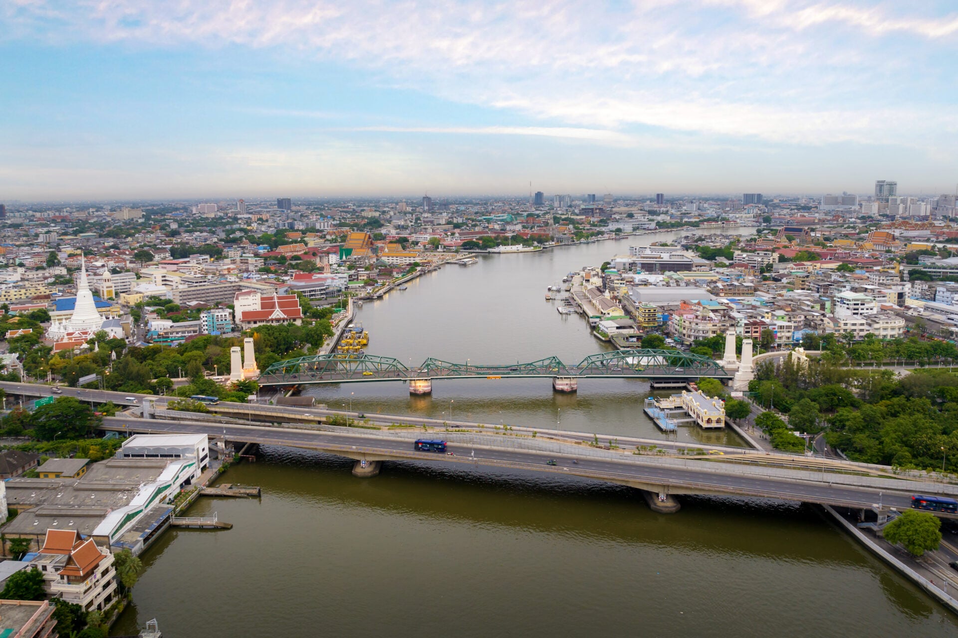 Aerial shots taken from a drone of Phra Pok Klao Bridge and Phra