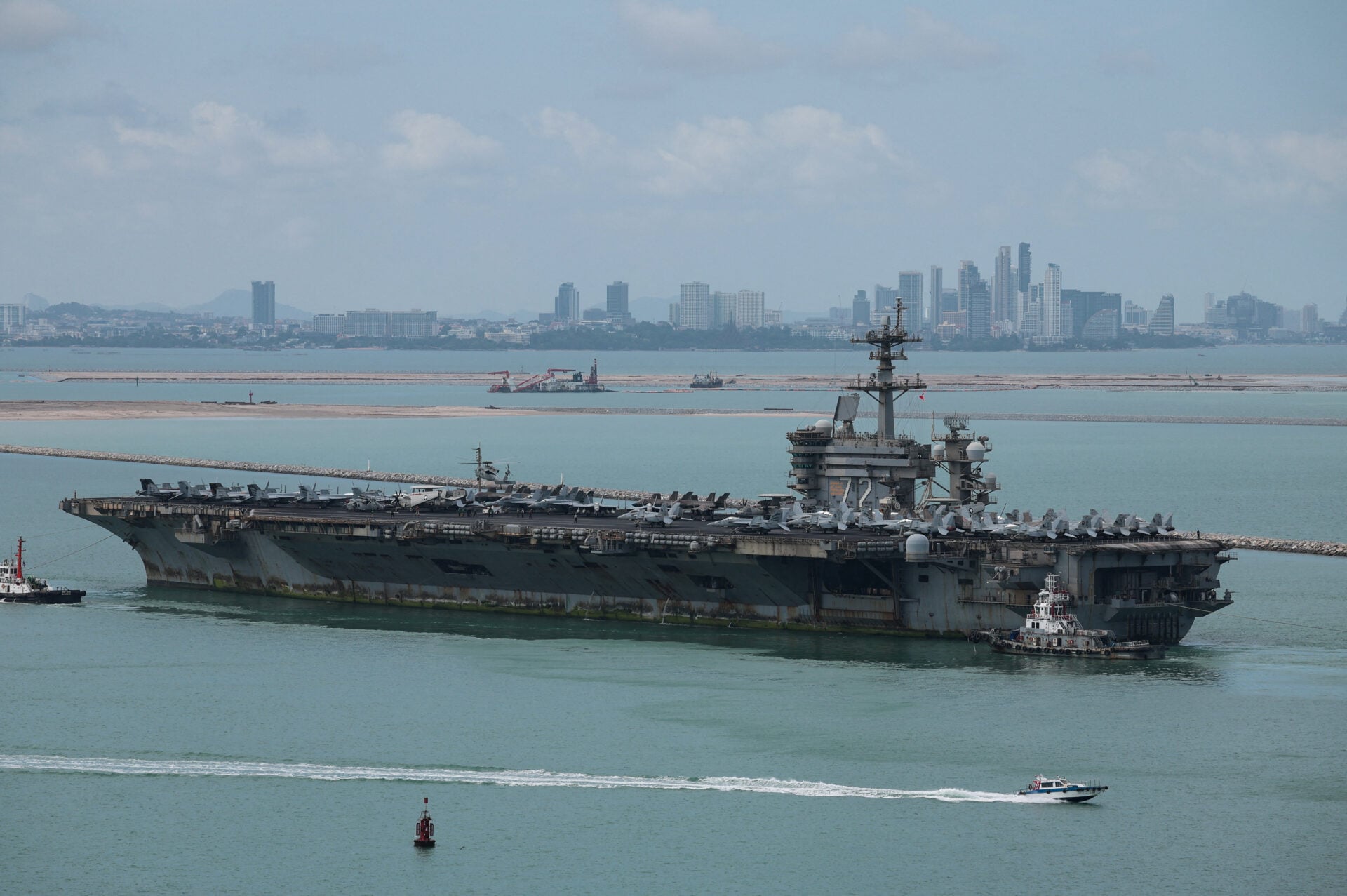 USS Abraham Lincoln sails toward Laem Chabang Port in Chonburi province, Thailand