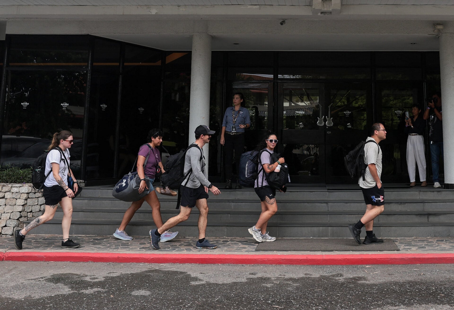 Members of U.S. military arrive at Hard Rock Hotel Pattaya for a welcoming ceremony, in Pattaya