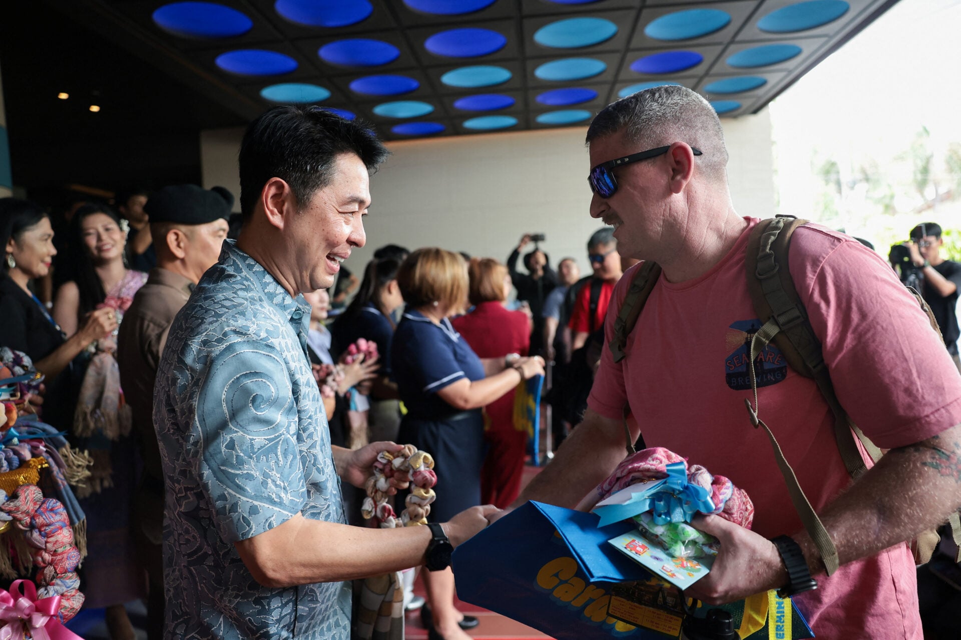 Members of U.S. military arrive at Hard Rock Hotel Pattaya for a welcoming ceremony, in Pattaya