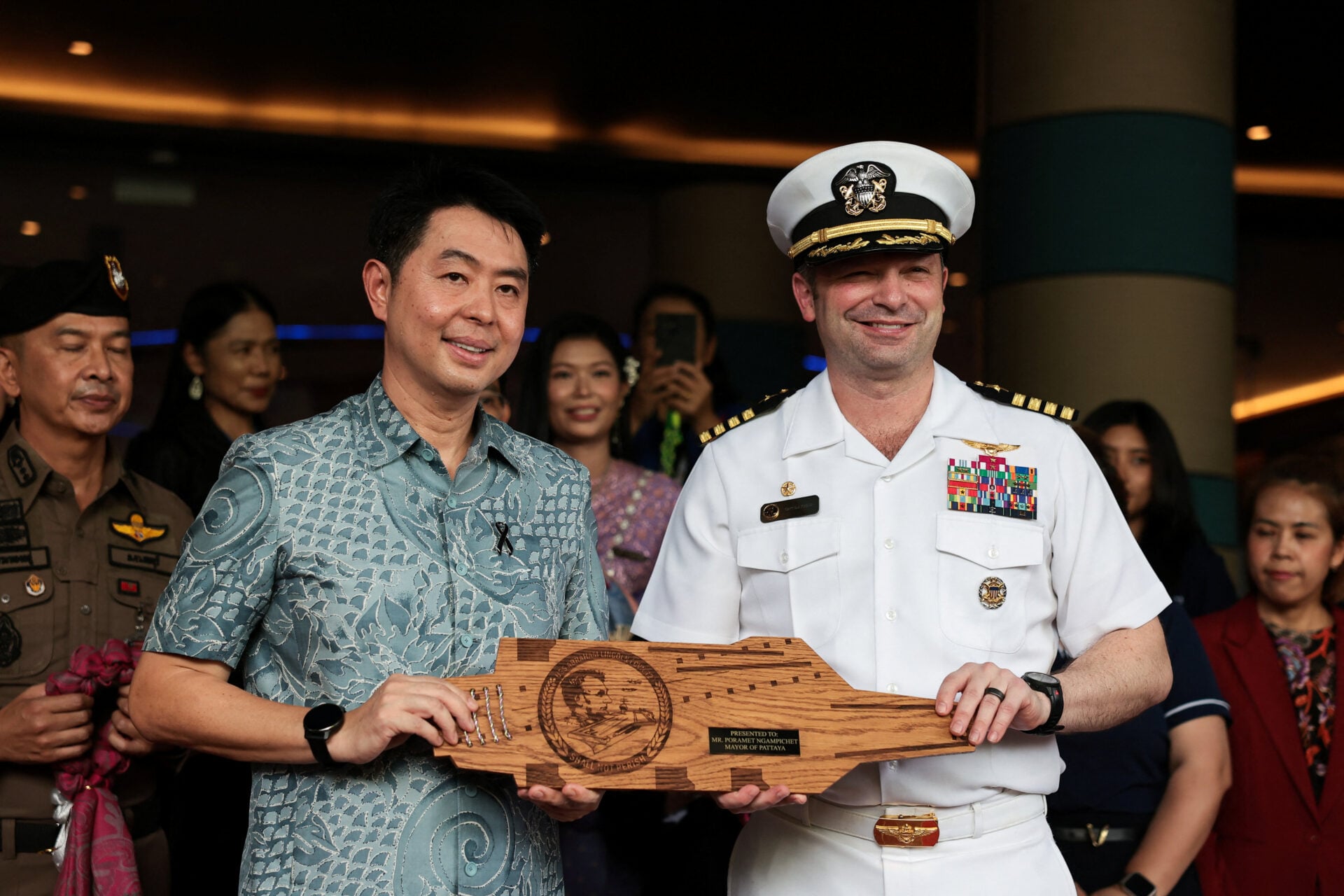 Members of U.S. military arrive at Hard Rock Hotel Pattaya for a welcoming ceremony, in Pattaya