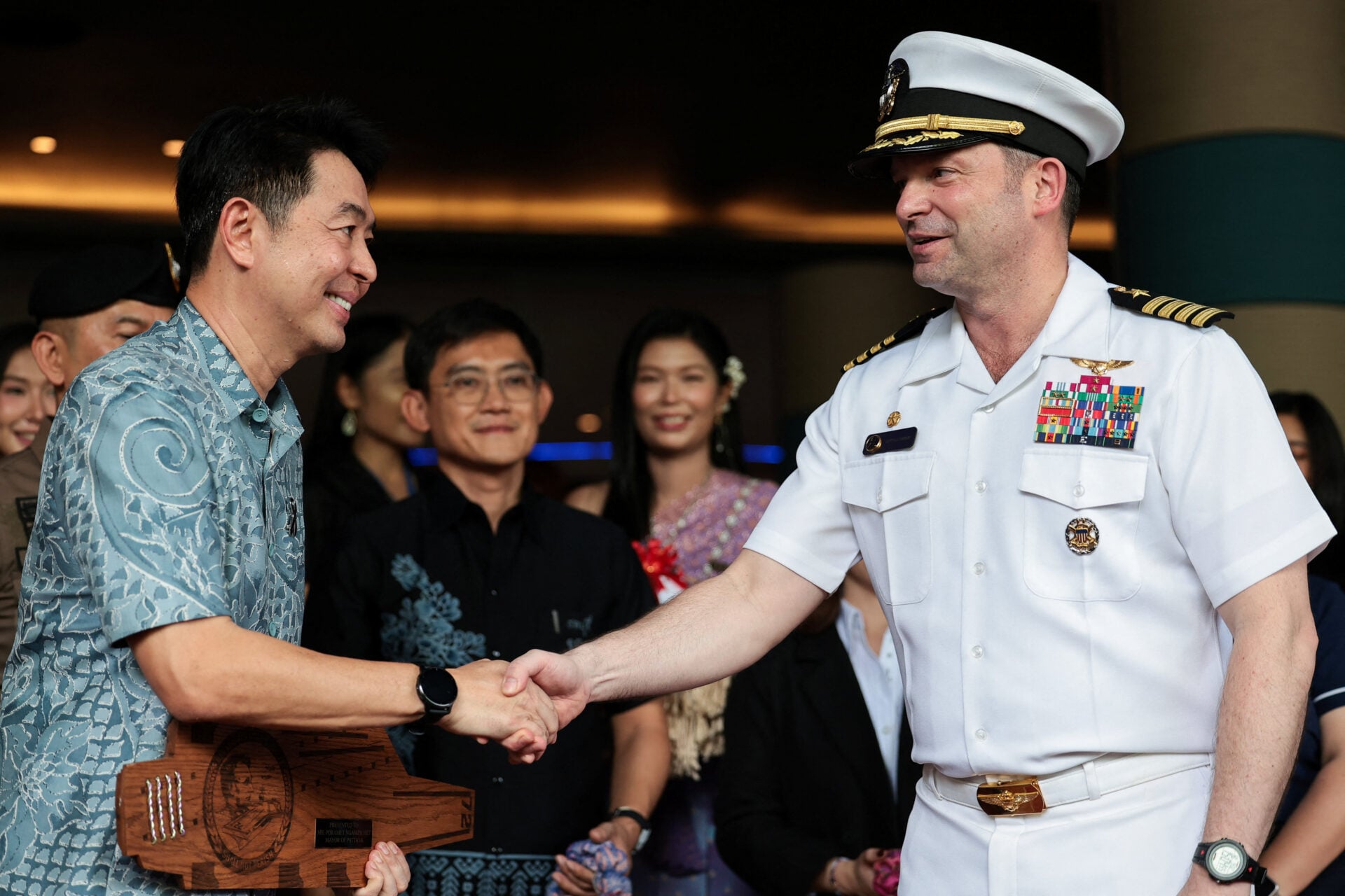 Members of U.S. military arrive at Hard Rock Hotel Pattaya for a welcoming ceremony, in Pattaya