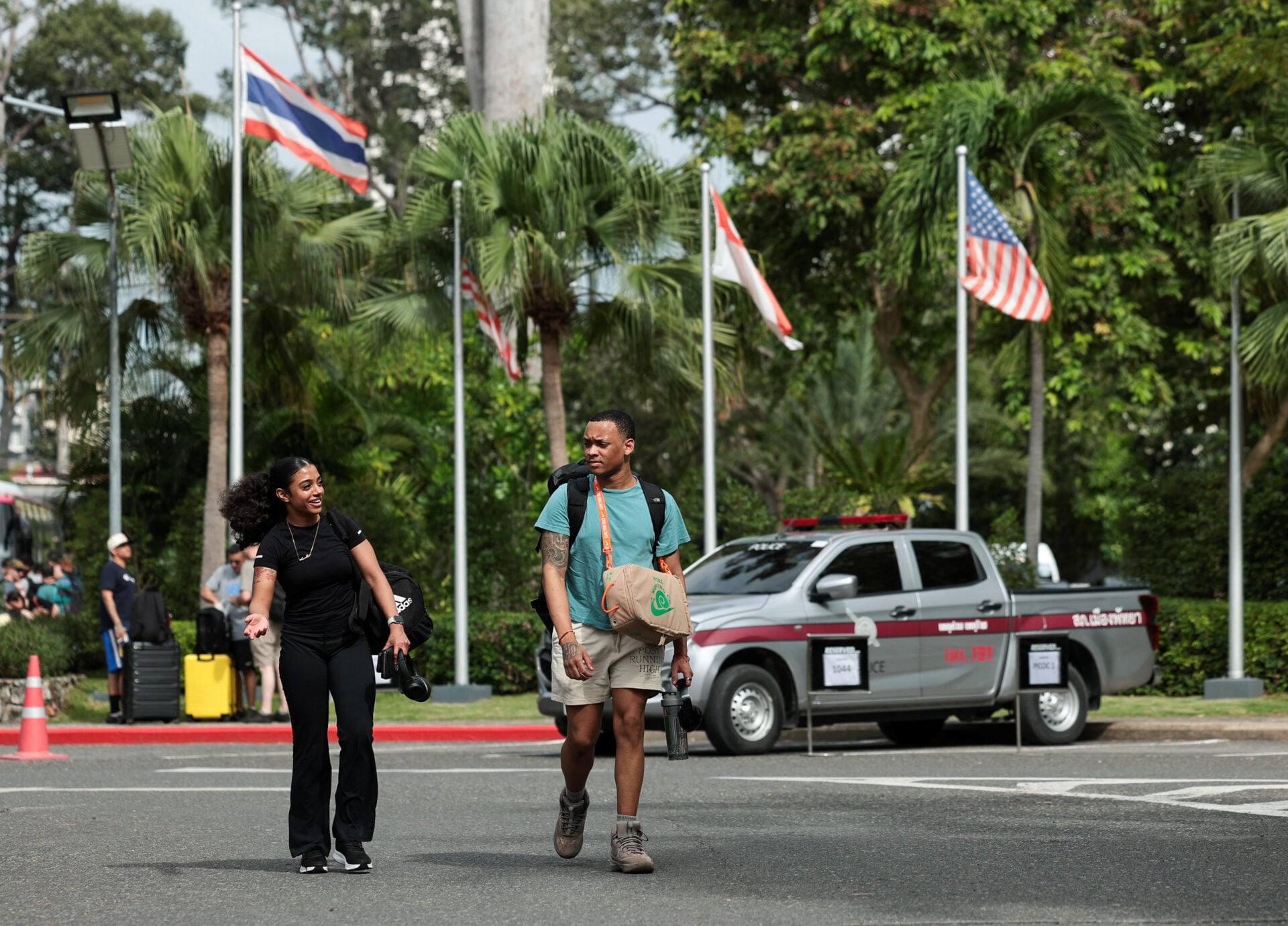 Members of U.S. military arrive at Hard Rock Hotel Pattaya for a welcoming ceremony, in Pattaya