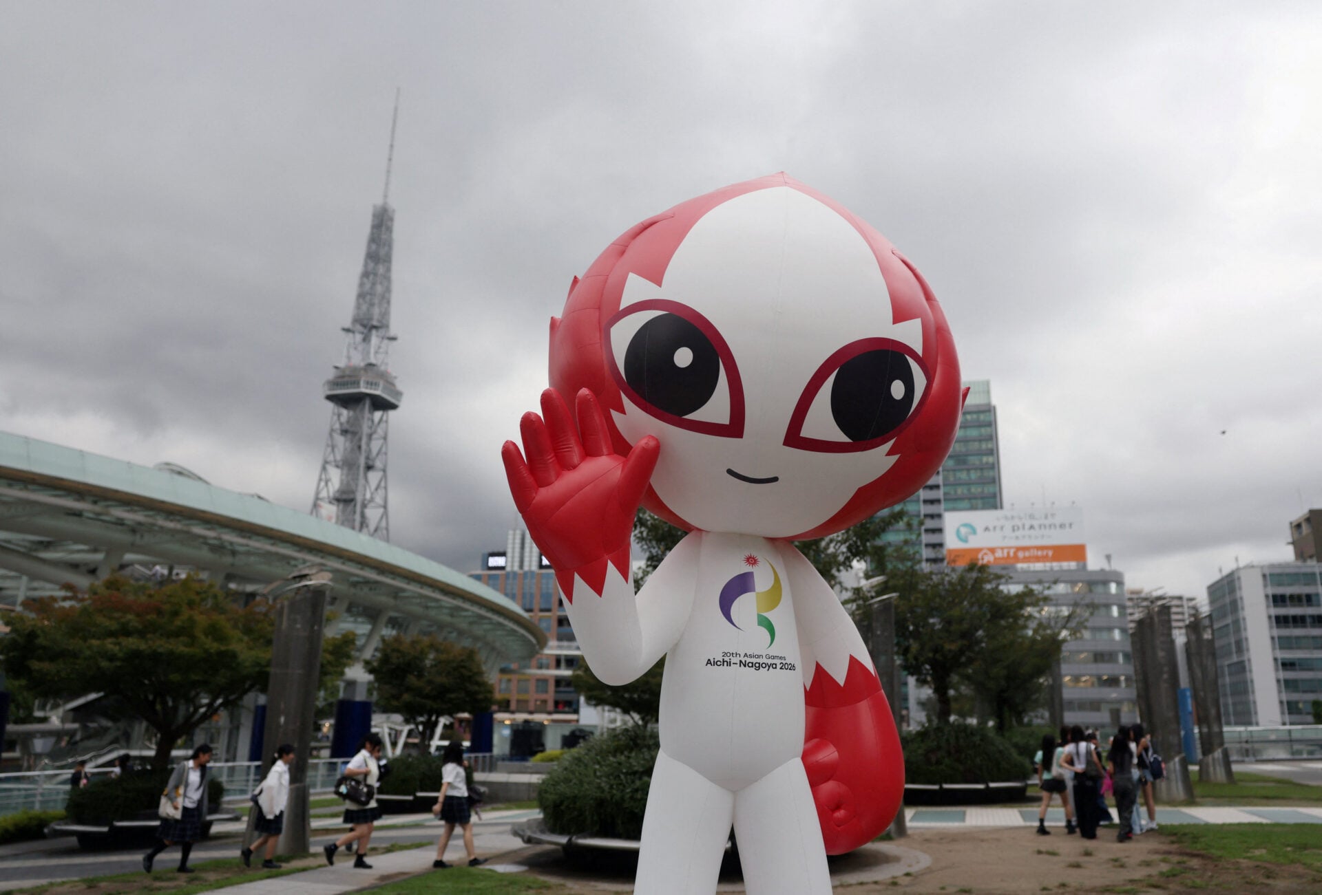 Asian Games mascot Honohon is displayed near the Chubu Electric Power Mirai Tower in Nagoya