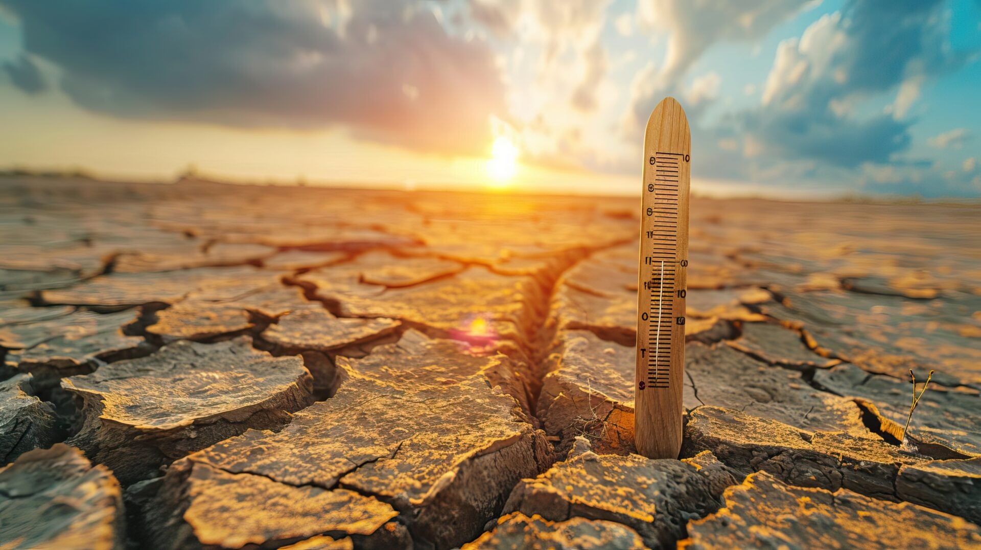 Thermometer on Dry, Cracked Ground Under Intense Sun. Drought theme background. AI generated image
