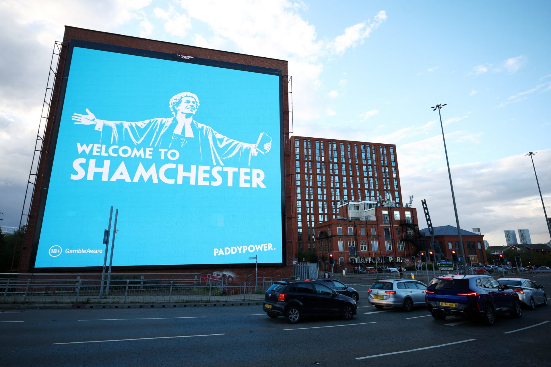 General view of a billboard displaying the phrase