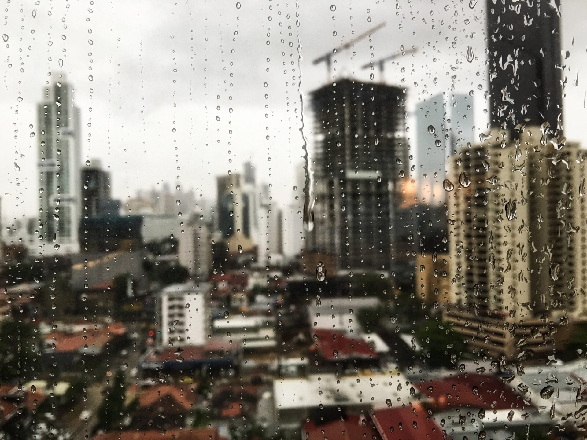 Beautiful view of the raindrops rolling down the window and the skyscrapers in the background